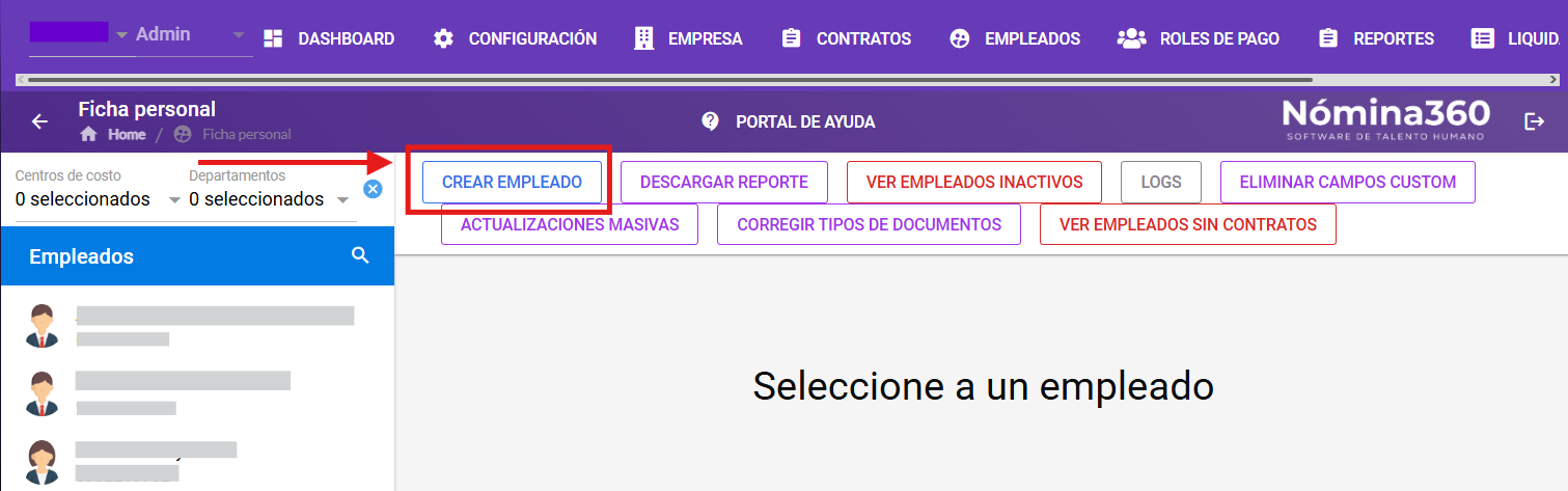 Botón Crear Empleado en la pantalla de Ficha Personal