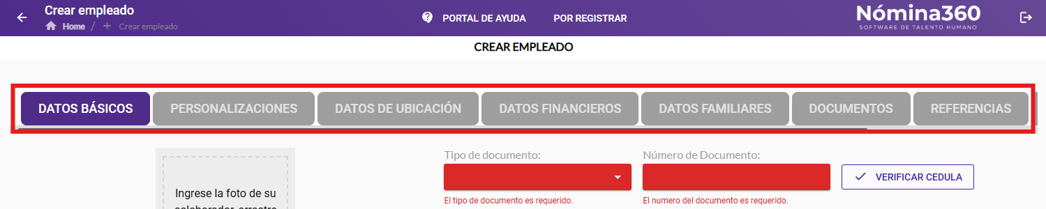 Pantalla con los formularios de la ficha personal del empleado