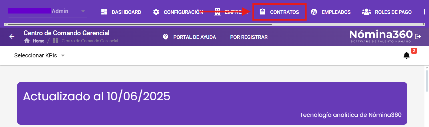 Opción Contratos en el menú principal de Nómina360