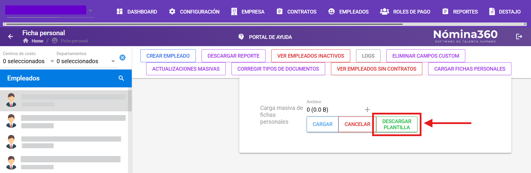Botón Descargar Plantilla de la carga masiva