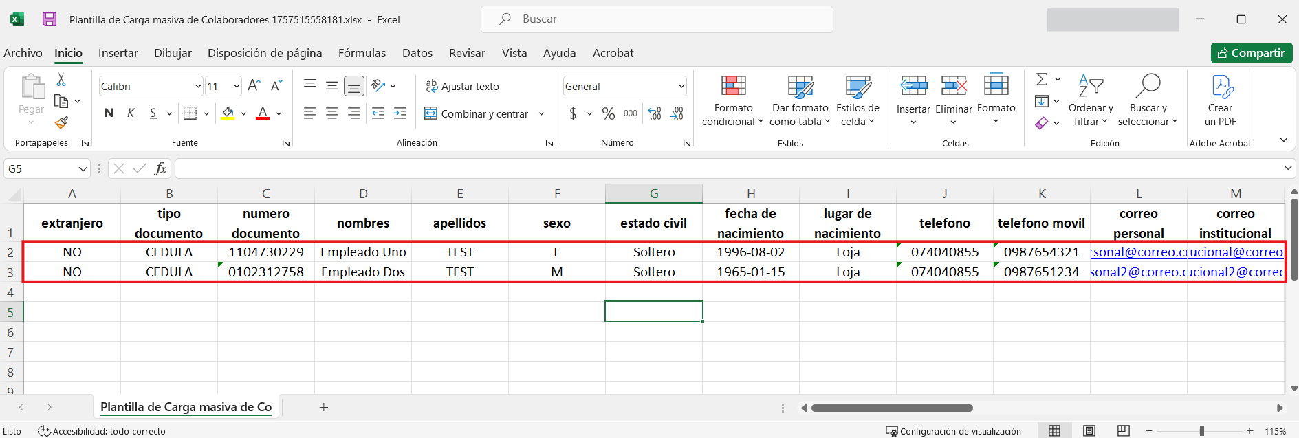 Plantilla Excel con información de empleados completada