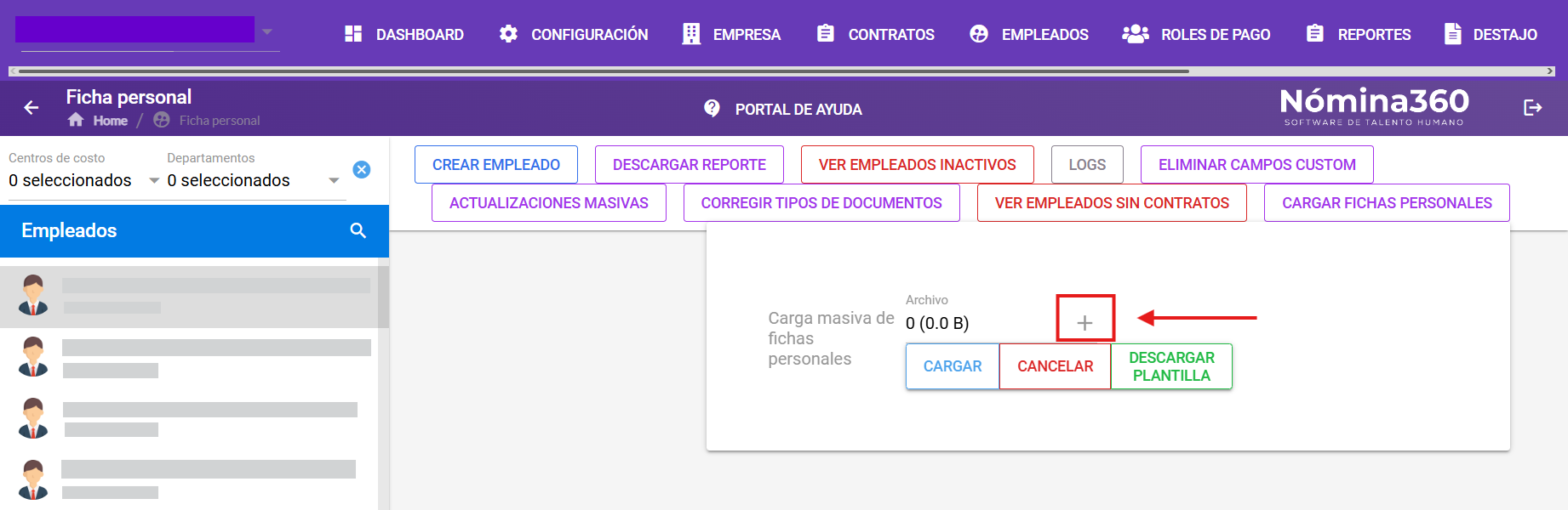 Botón + para seleccionar el archivo de carga masiva