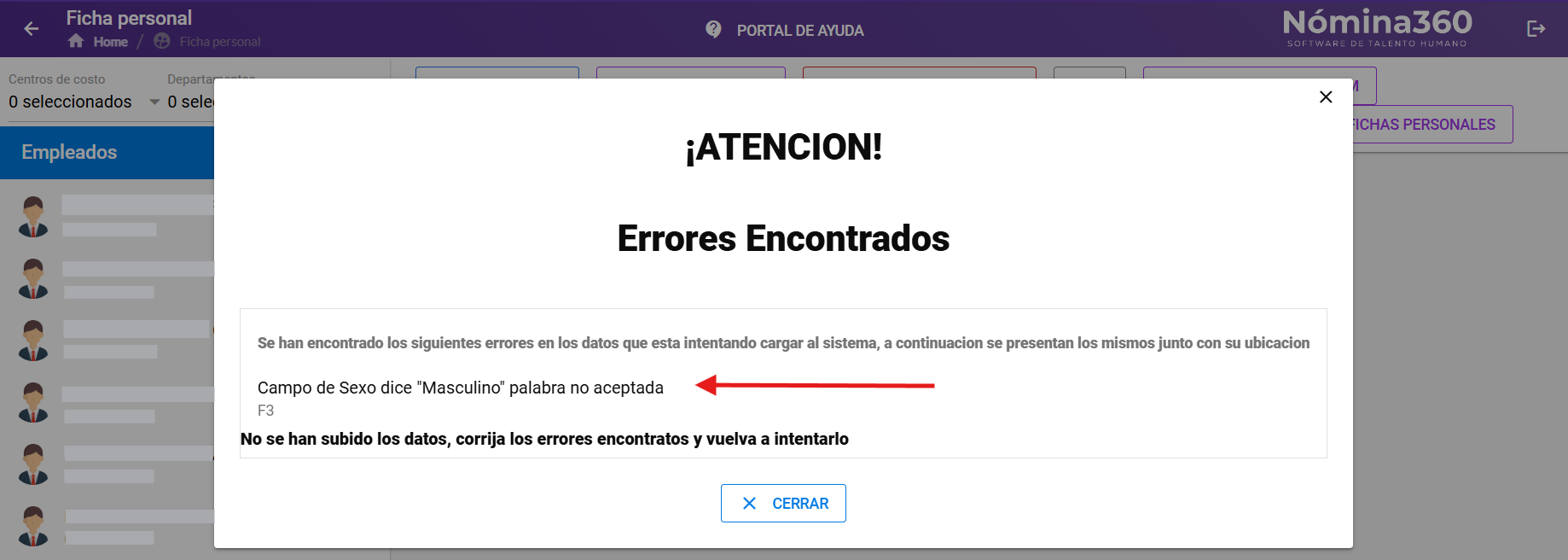 Alerta de error en la plantilla de carga masiva