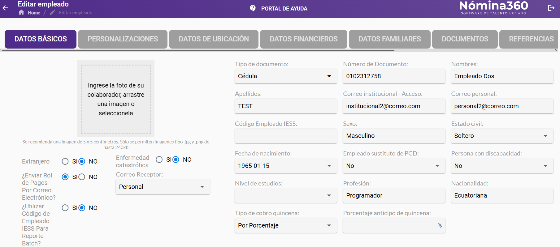 Ficha personal de un empleado cargado masivamente