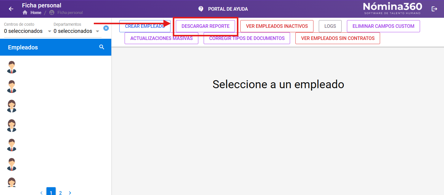 Botón Reporte en la pantalla de ficha personal