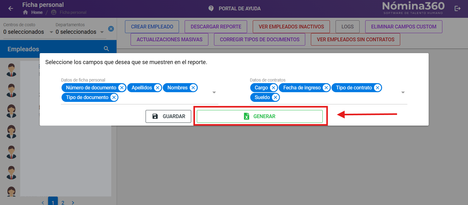 Botón Generar del reporte y archivo Excel descargado