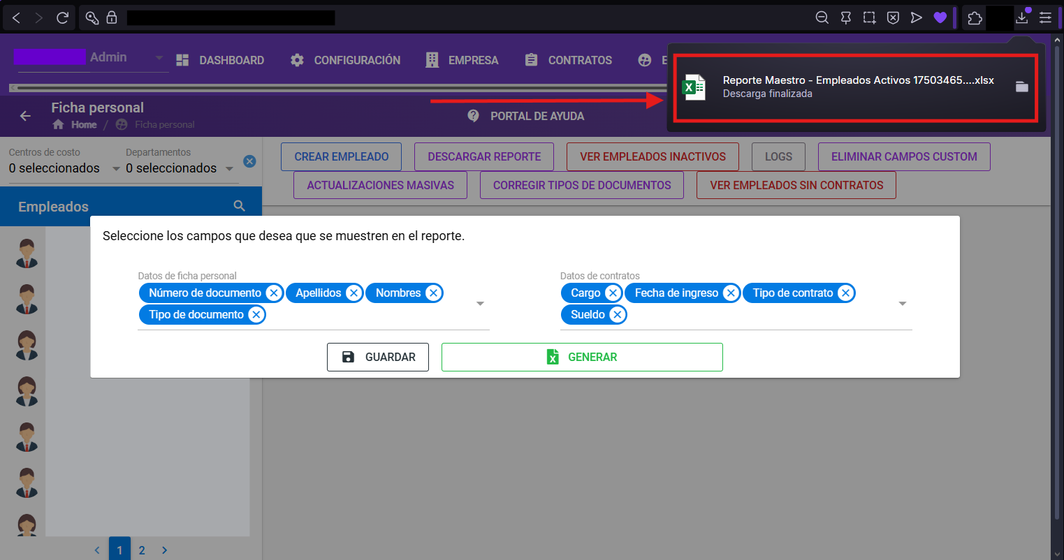 Vista del archivo Excel con la nómina de empleados a la fecha