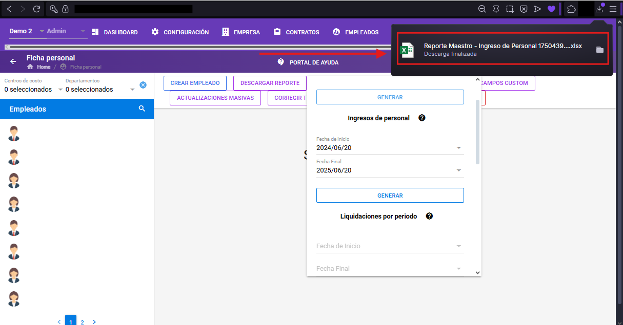Archivo Excel descargado con la información del rango seleccionado