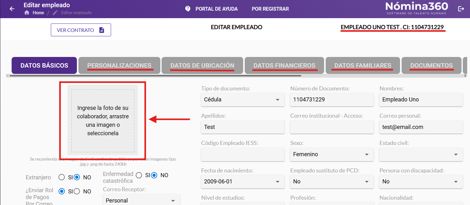 Formularios de la ficha personal en modo edición