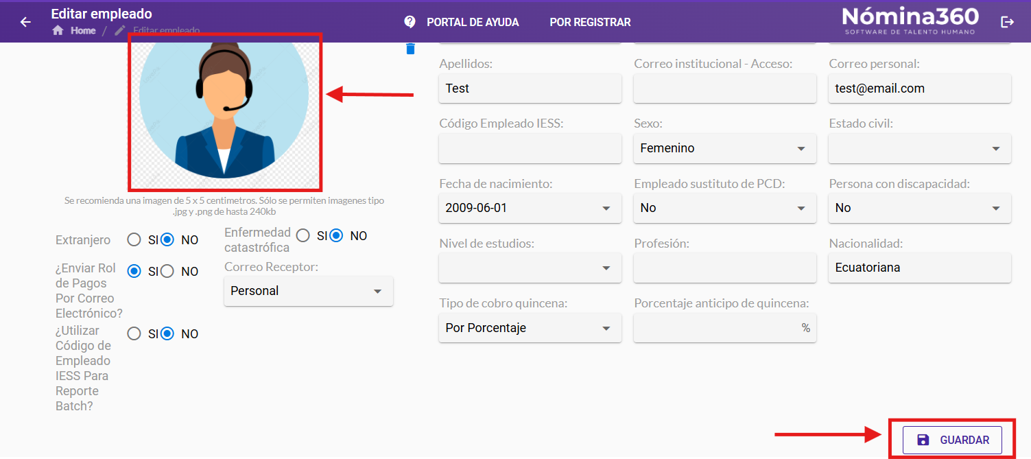 Botón Guardar al final de los formularios de ficha personal