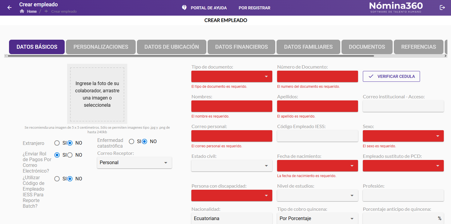 Pestaña Datos Básicos seleccionada en el formulario de ficha personal