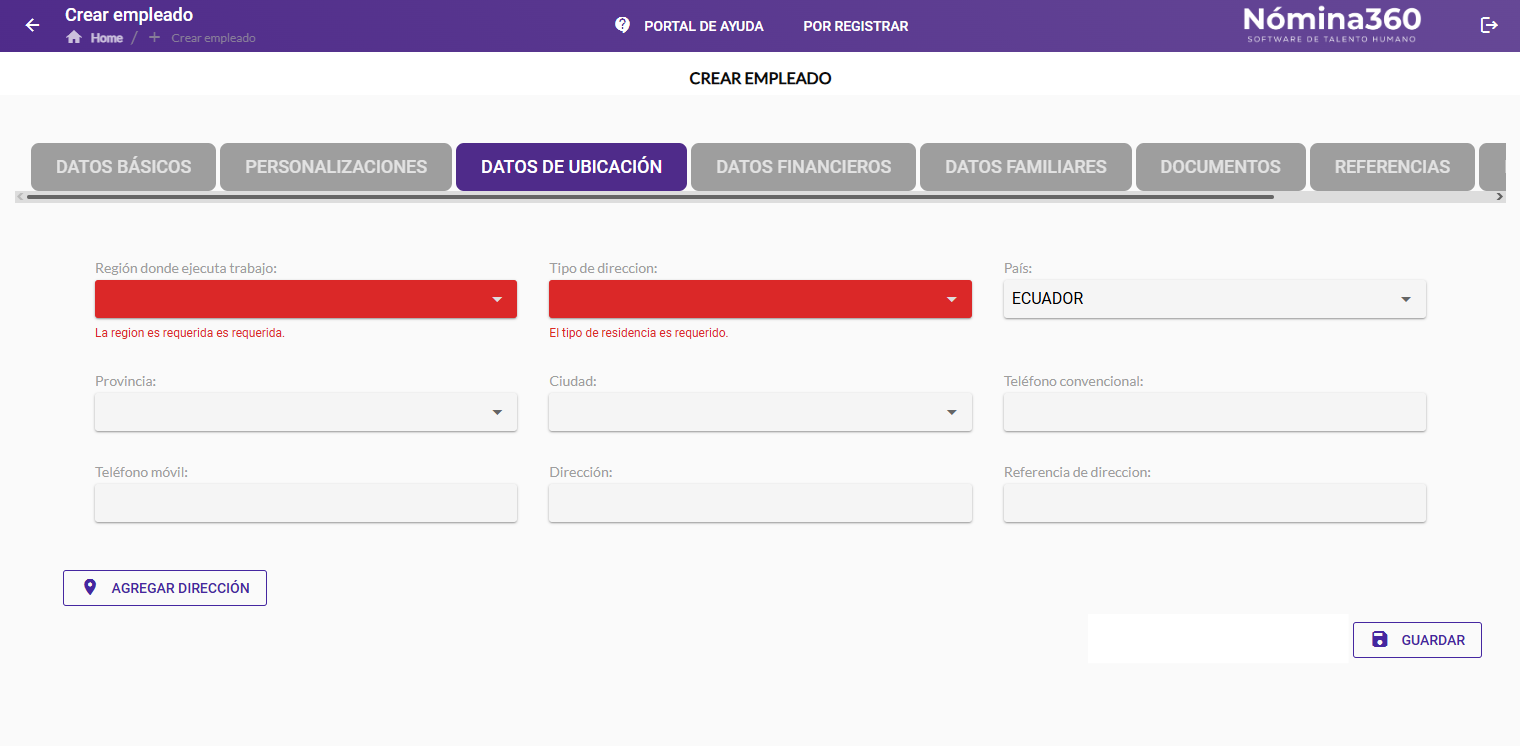 Pestaña Datos de Ubicación seleccionada en el formulario de ficha personal