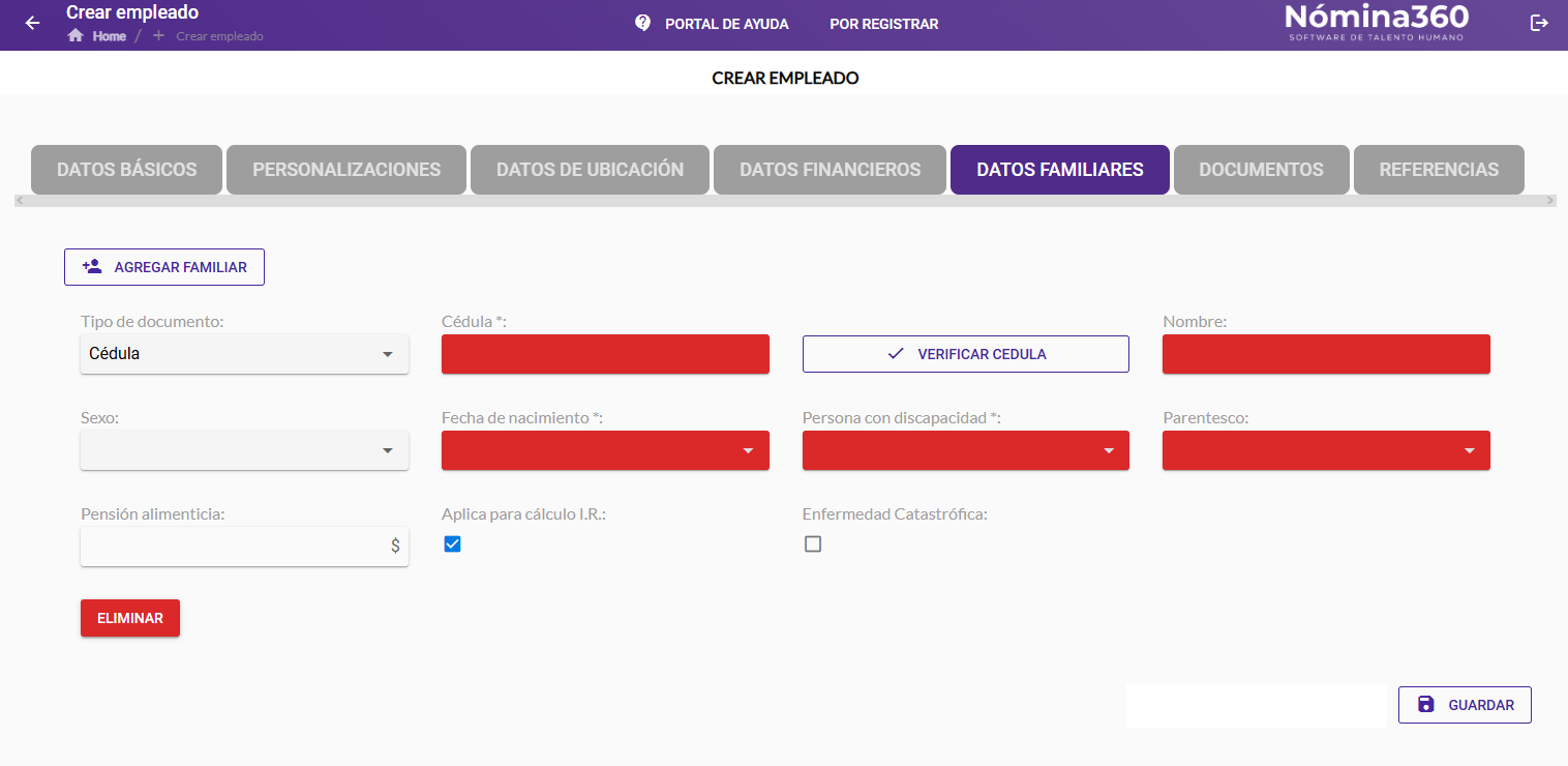 Pestaña Datos Familiares seleccionada en el formulario de ficha personal