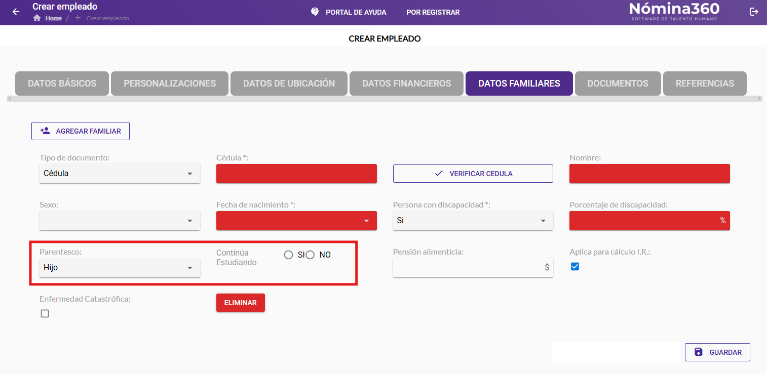 Opción Continúa Estudiando para parentesco Hijo