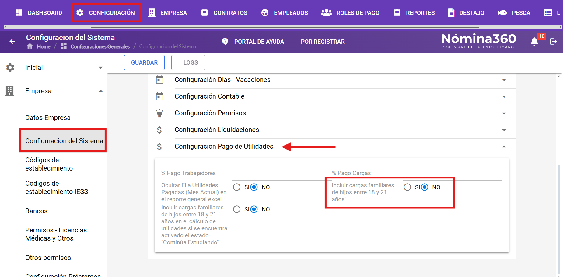 Configuración de pago de utilidades con la opción de hijos entre 18 y 21 años