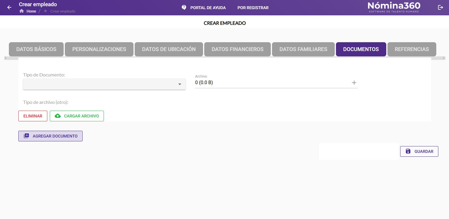 Pestaña Documentos seleccionada en el formulario de ficha personal