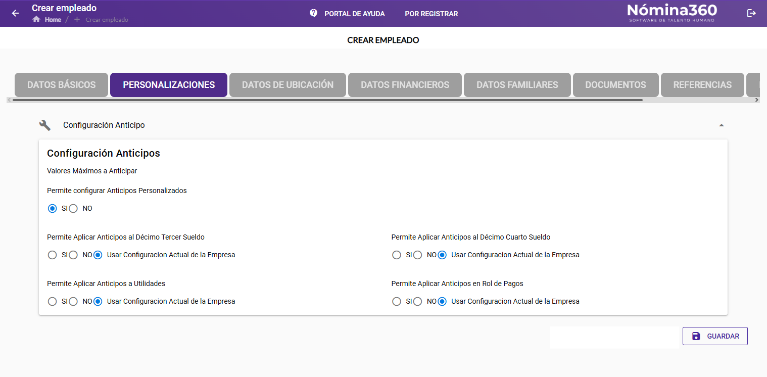 Pestaña Personalización seleccionada en el formulario de ficha personal