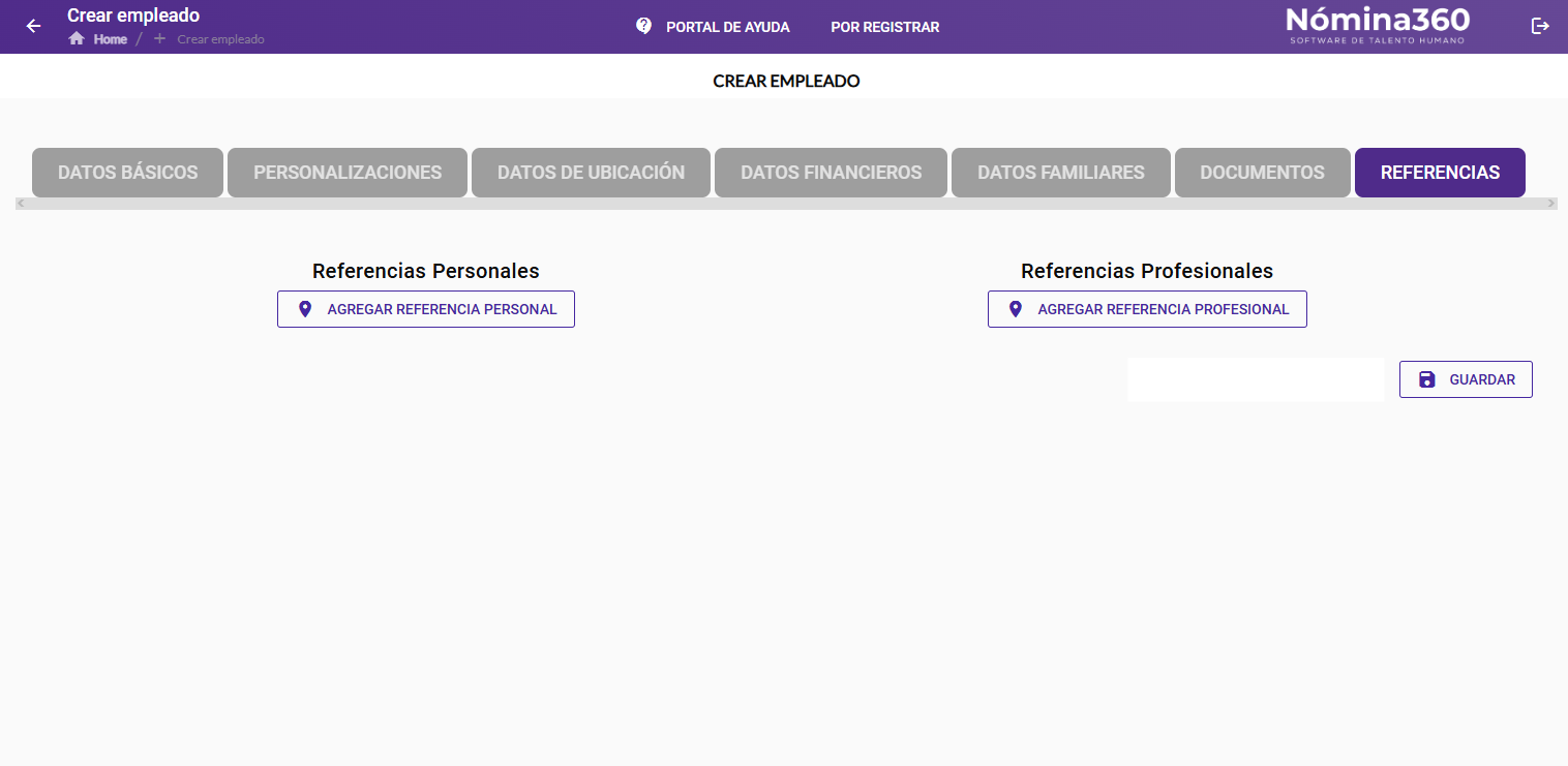 Pestaña Referencias seleccionada en el formulario de ficha personal