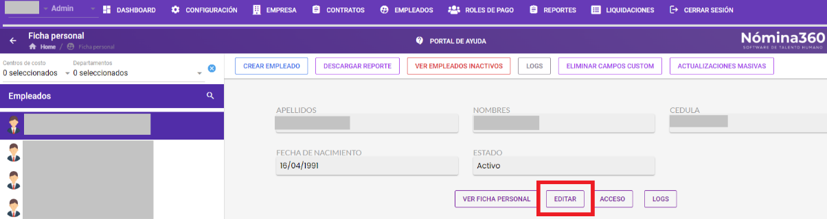 Vista del listado de empleados en Ficha Personal