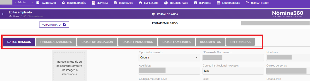 Pantalla de edición de la ficha personal de un empleado