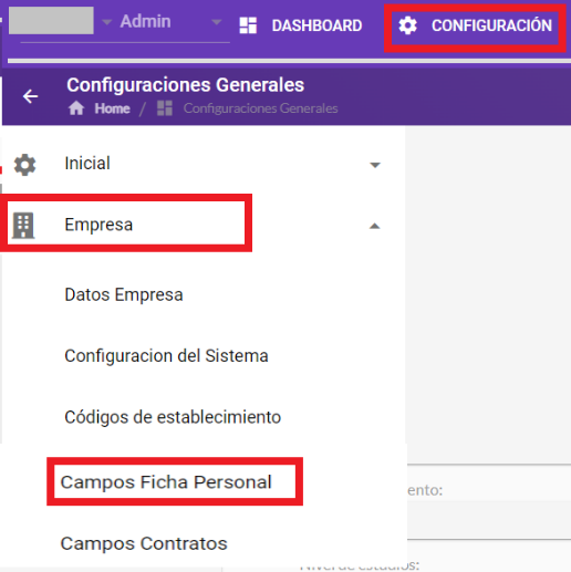 Ruta Configuración → Empresa → Campos Ficha Personal