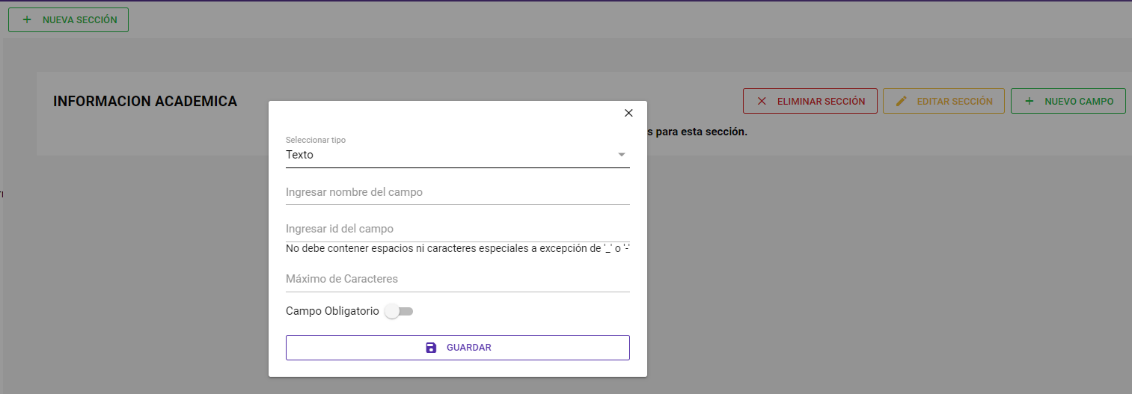 Pantalla de configuración de un nuevo campo personalizado