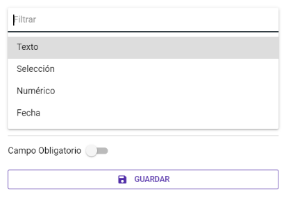 Opciones de tipo de campo (Texto, Selección, Fecha, Numérico)