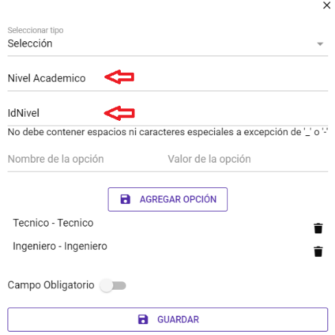 Configuración del campo de tipo Selección con opciones agregadas