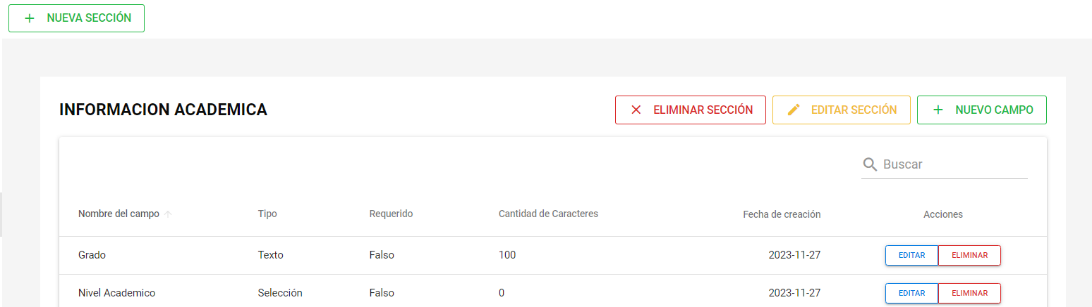 Campo de tipo Selección creado en la sección personalizada