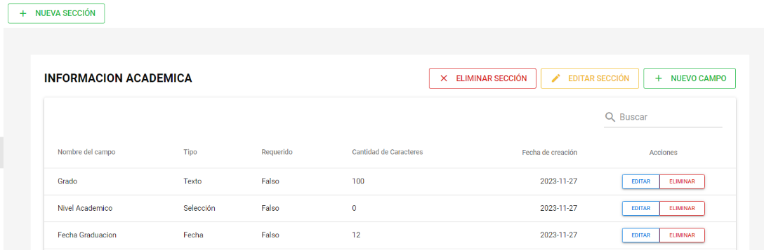 Campo de tipo Fecha creado en la sección personalizada