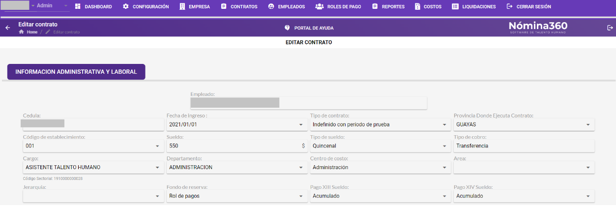 Vista de edición del contrato del empleado