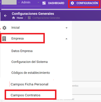 Ruta Configuración → Empresa → Campos Contratos