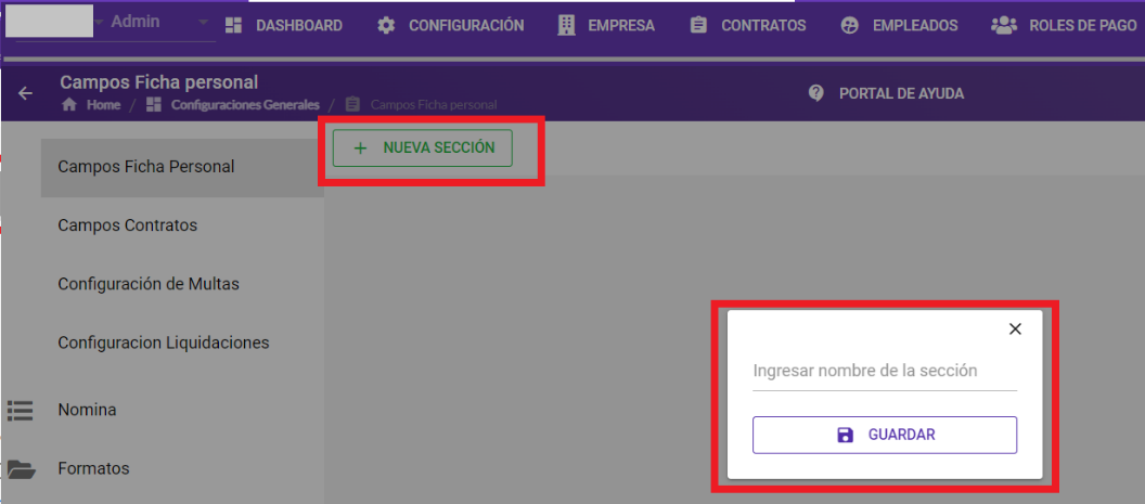 Pantalla Nueva Sección en Campos Contratos