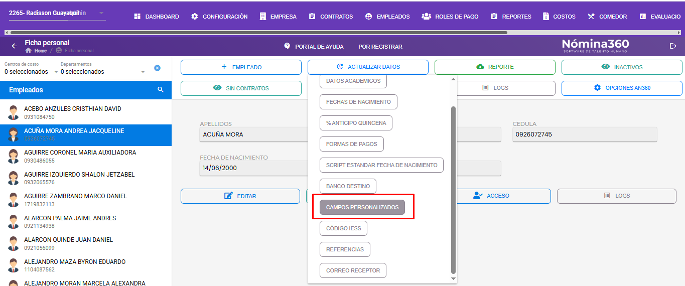 Opción Campos Personalizados en Actualizar Datos