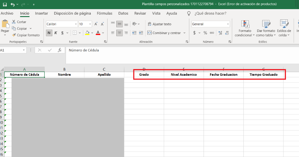 Botón Plantilla y archivo Excel generado