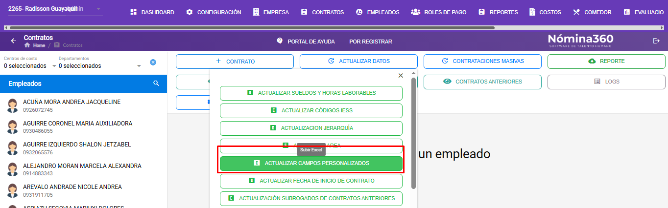 Opción Actualizar Campos Personalizados de Contratos
