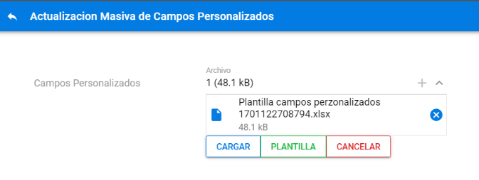 Botón Cargar para subir la plantilla de campos personalizados