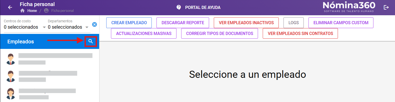 Cuadro de búsqueda de empleados en la ficha personal