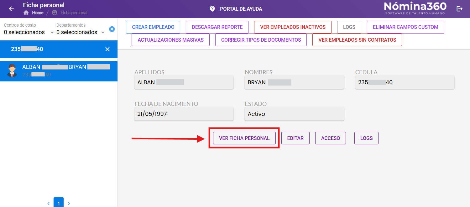 Botón Ver Ficha Personal del empleado seleccionado