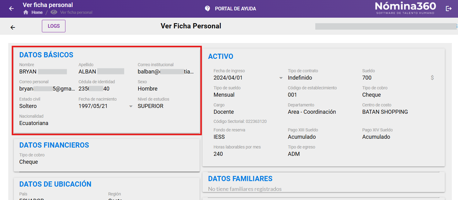 Pantalla con los datos de la ficha personal del empleado