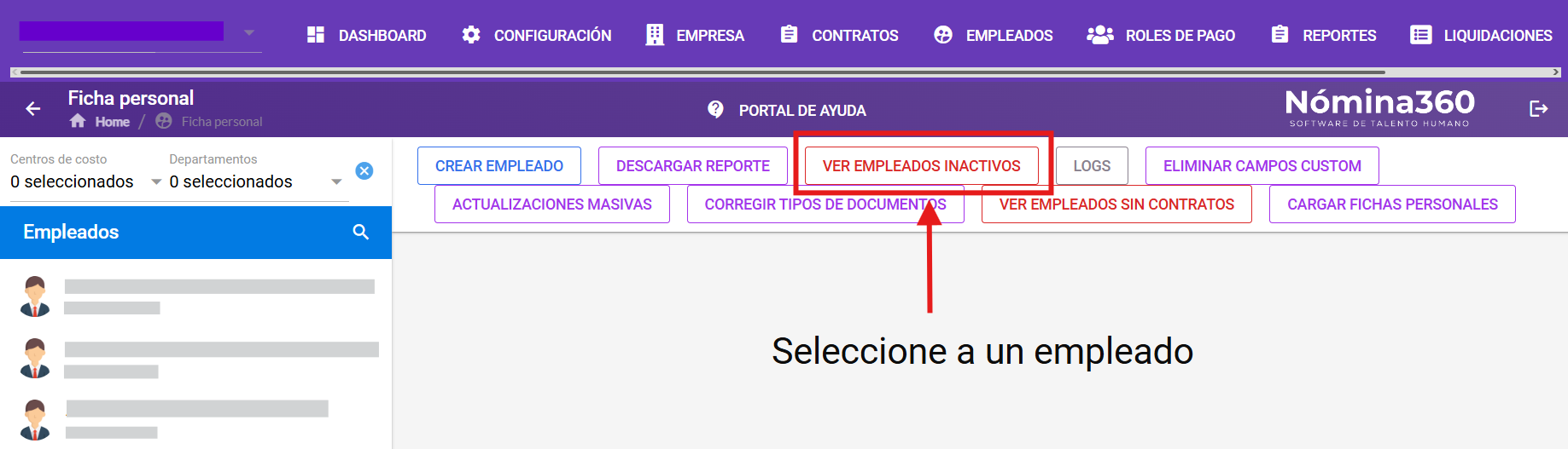 Botón Ver Empleados Inactivos en la pantalla de ficha personal