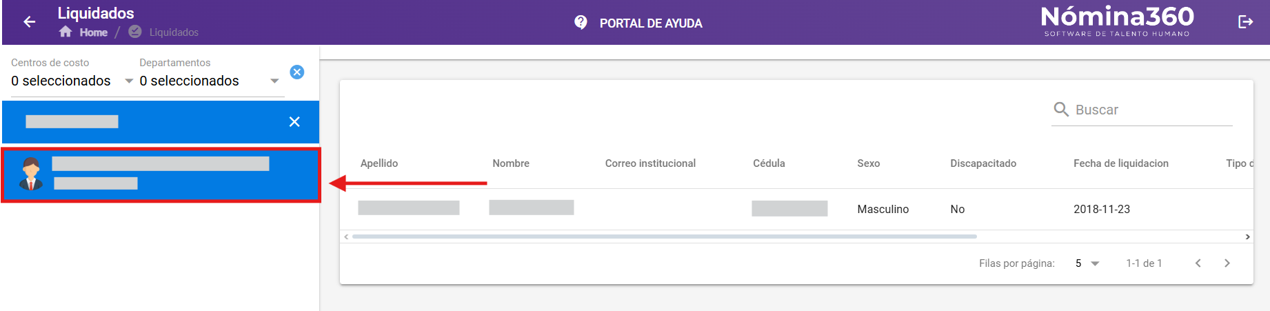 Empleado seleccionado en el listado de empleados inactivos