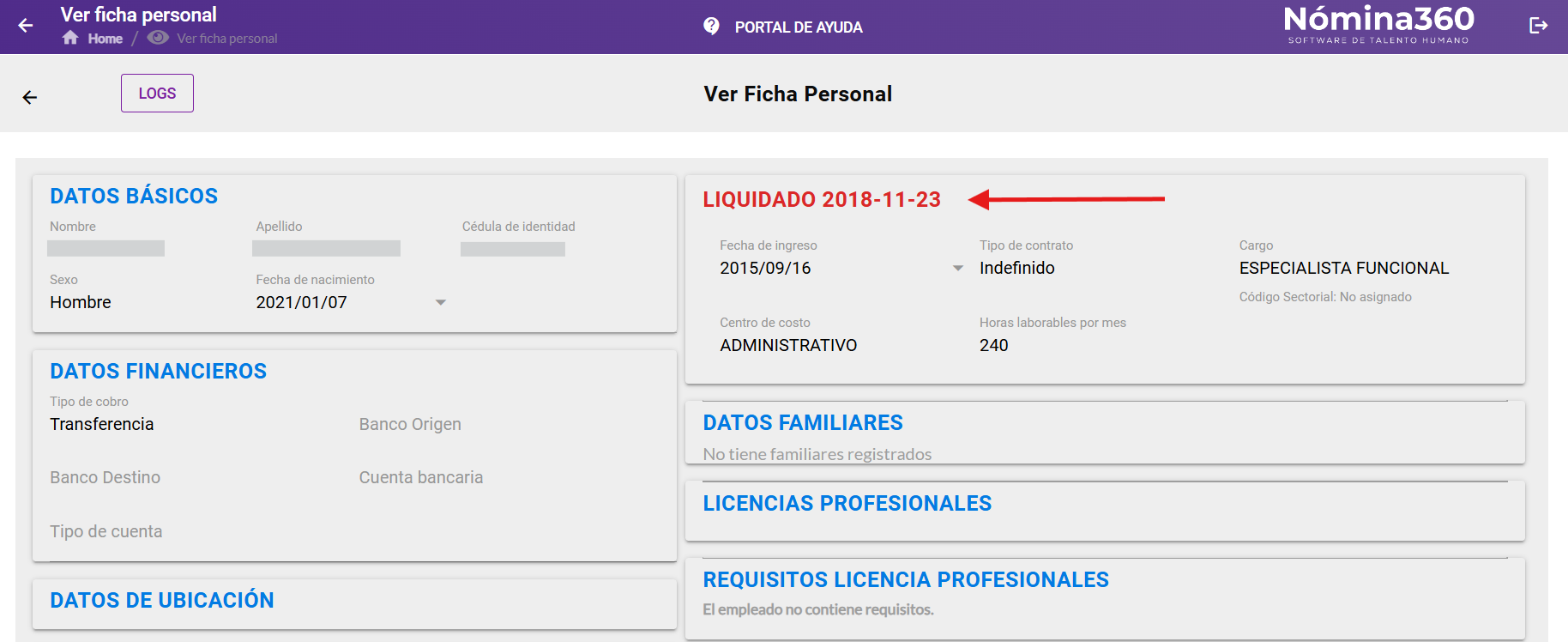 Pantalla con los datos de la ficha personal del empleado inactivo