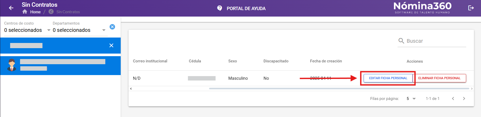 Botón Editar Ficha Personal del empleado sin contrato