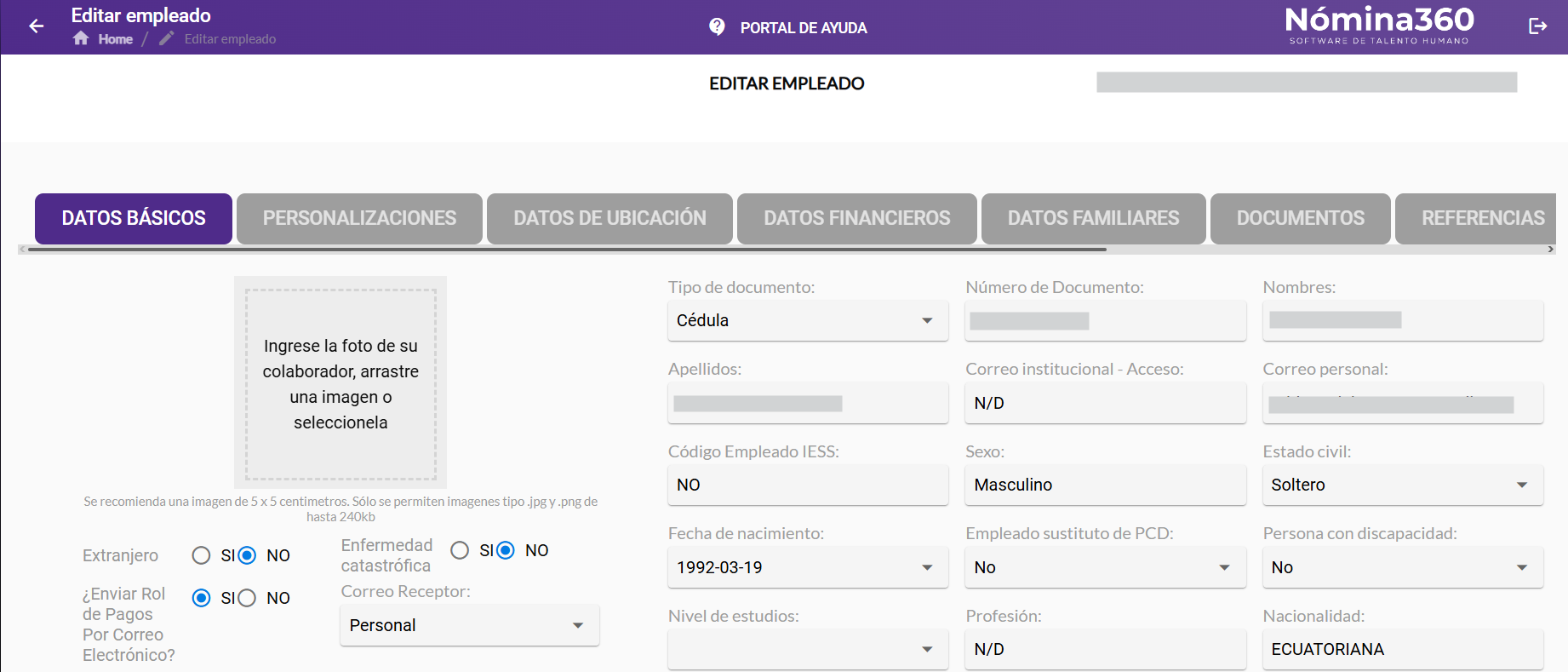 Pantalla con los datos editables de la ficha personal