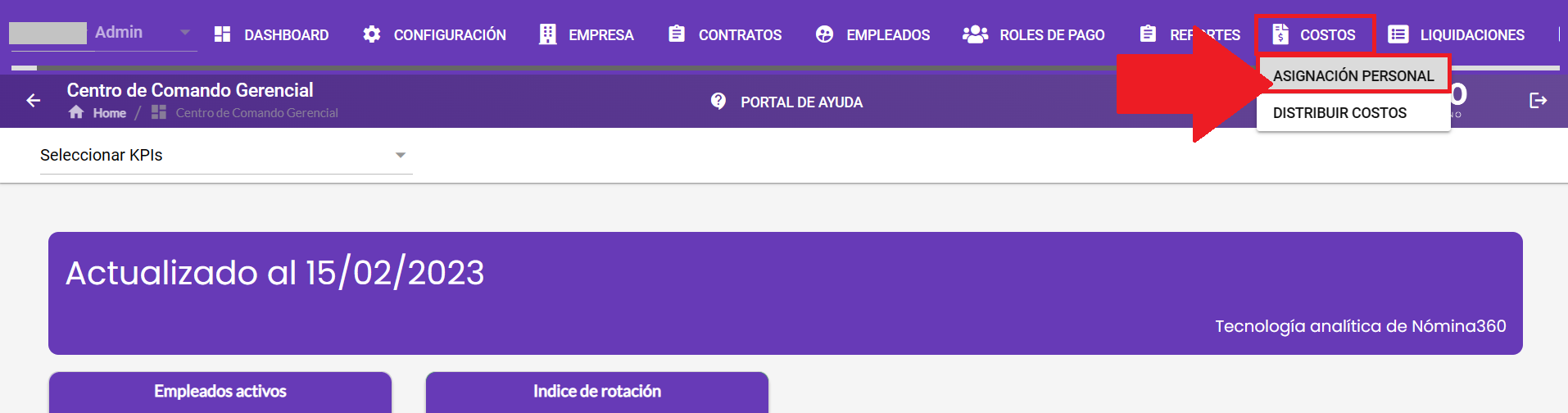 Acceso al módulo Costos con la opción Asignación Personal