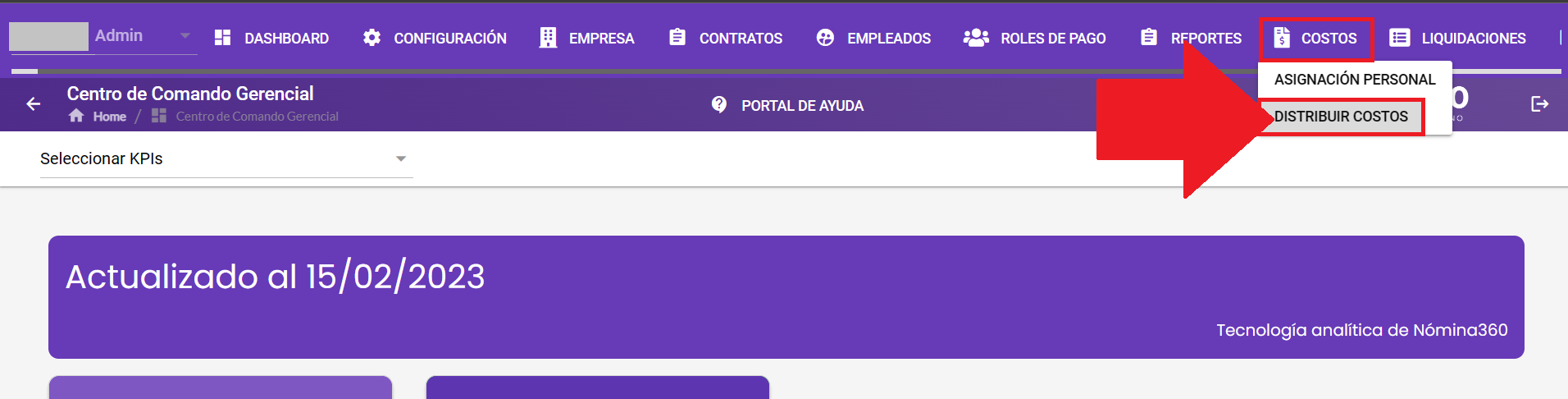 Acceso al módulo Costos con la opción Distribuir Costos