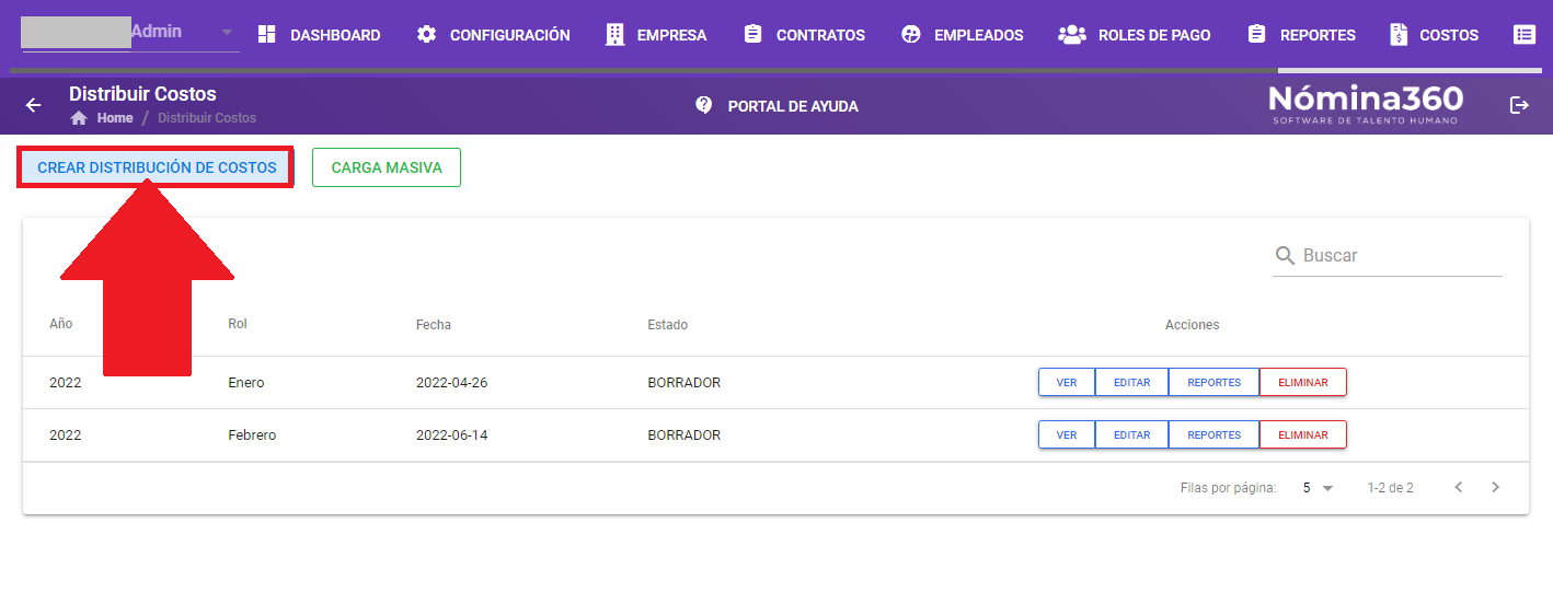 Botón Crear Distribución de Costos en la pantalla principal