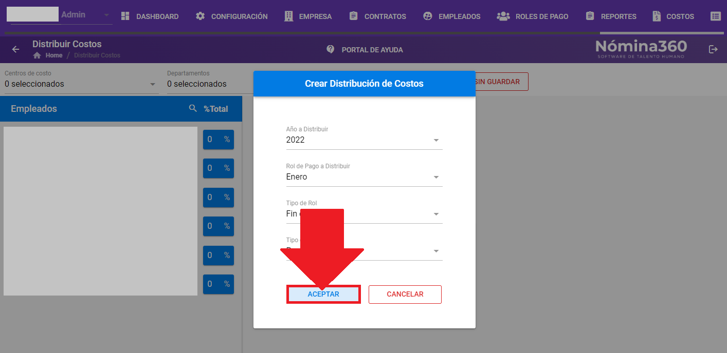 Botón Aceptar para confirmar la creación de la distribución