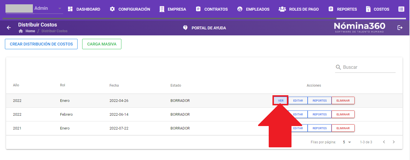 Listado de distribuciones con la nueva distribución en estado BORRADOR